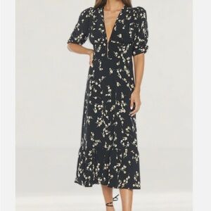 Navy Floral Print Midi Dress with Structural details